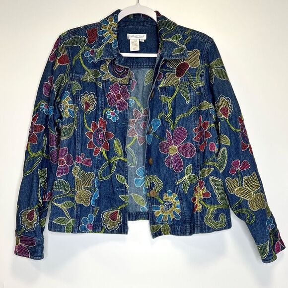 Coldwater Creek Floral Embroidered  Denim Jean Jacket Boho Size Medium - Picture 2 of 13